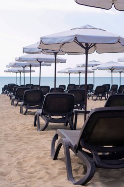 Many beautiful white umbrellas and black sunbeds on beach