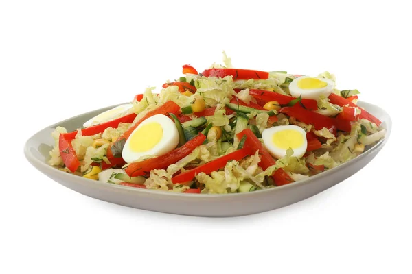 Plate Delicious Salad Chinese Cabbage Quail Eggs Isolated White — Foto de Stock