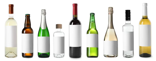 Set Bottles Different Alcohol Drinks White Background Banner Design — Stock Photo, Image