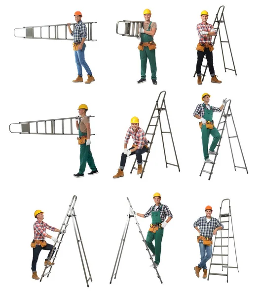 Collage Met Foto Van Timmerlieden Metalen Ladders Witte Achtergrond — Stockfoto