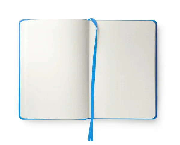 Nyílt Üres Világoskék Notebook Elszigetelt Fehér Felső Nézet — Stock Fotó