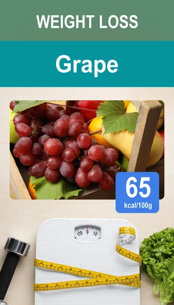Weight loss concept. Calories calculator app with image of fresh ripe grape and its caloric content