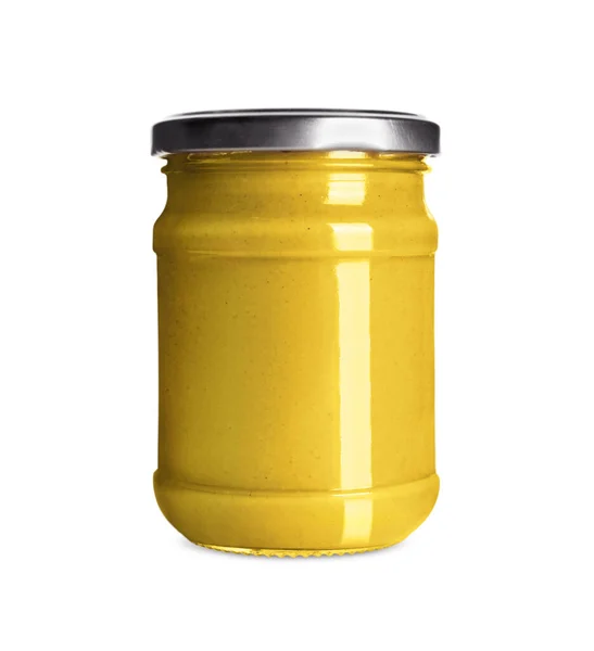 Spicy Mustard Glass Jar Isolated White — Zdjęcie stockowe