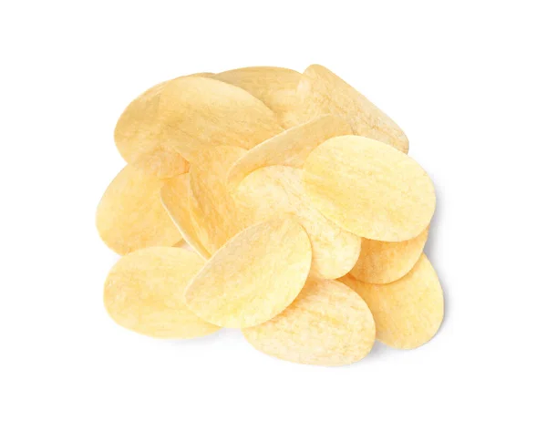 Heap Van Heerlijke Aardappel Chips Witte Achtergrond Bovenaanzicht — Stockfoto