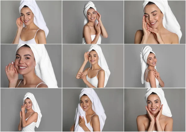Collage Photos Beautiful Young Woman Towels Grey Background — Stock Photo, Image
