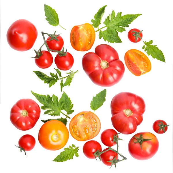 Verschillende Rijpe Tomaten Vliegen Witte Achtergrond — Stockfoto