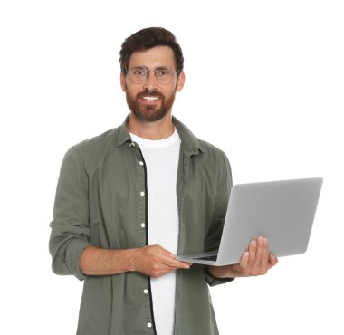 Handsome man holding laptop on white background