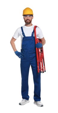 Professional builder in uniform with step ladder isolated on white