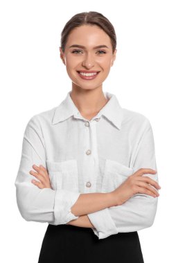 Portrait of hostess in uniform on white background