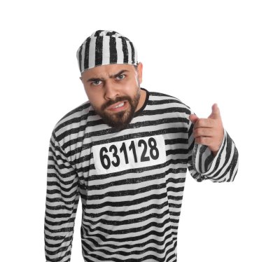 Beyaz arka planda özel üniformalı mahkum.