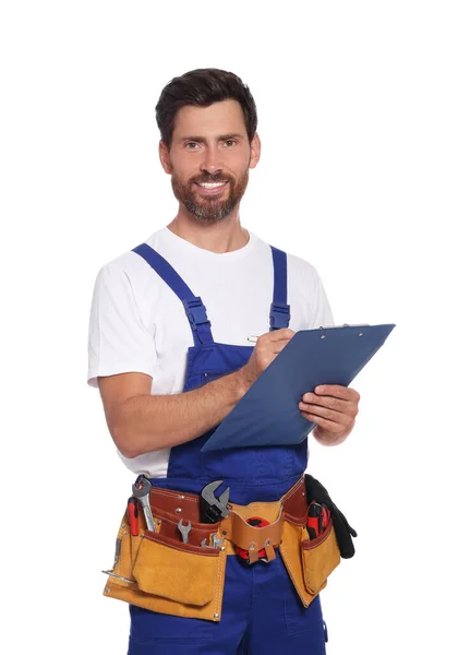 Professional Plumber Clipboard Tool Belt White Background — Zdjęcie stockowe