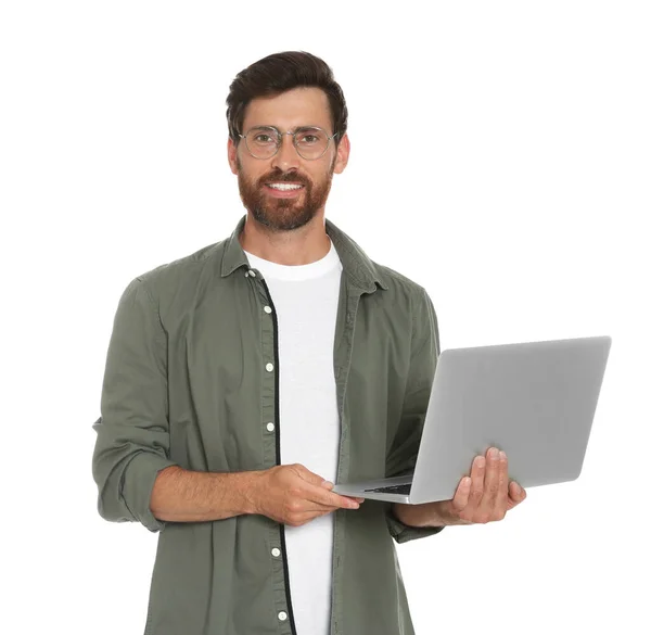 Handsome Man Holding Laptop White Background — Foto de Stock