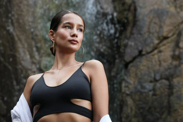 Beautiful Young Woman Stylish Bikini Waterfall Outdoors Low Angle View — Foto de Stock