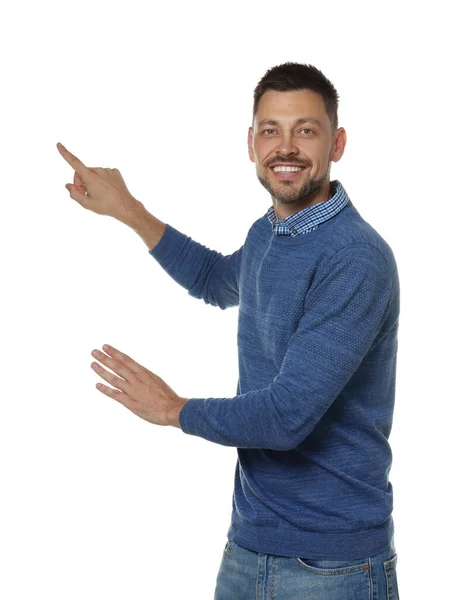 Handsome Man Gesturing White Background Weather Forecast Reporter — Stockfoto