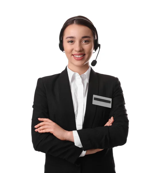 Retrato Recepcionista Con Auriculares Sobre Fondo Blanco — Foto de Stock