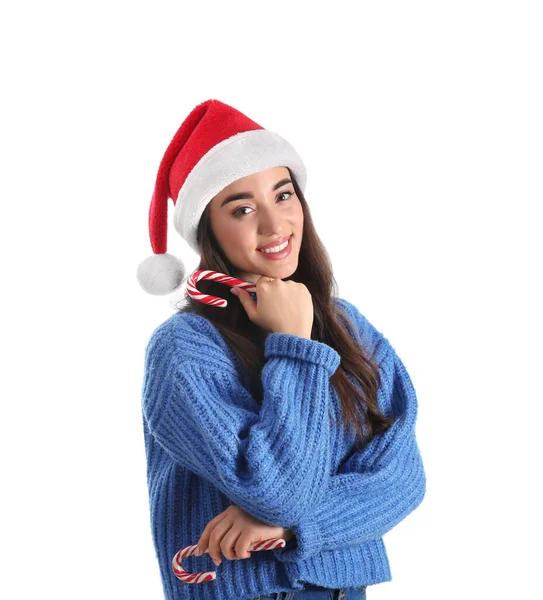 Hermosa Mujer Sombrero Santa Claus Sosteniendo Bastón Caramelo Sobre Fondo —  Fotos de Stock