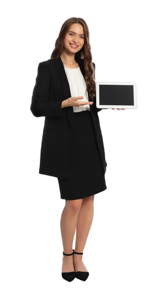Portret Pełnej Długości Hostessy Tabletką Białym Tle — Zdjęcie stockowe