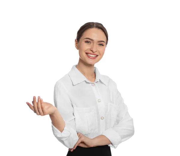 Portrait Hostess Uniform White Background — Stock fotografie