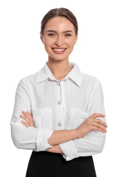 Portrait Hostess Uniform White Background — Stock Photo, Image