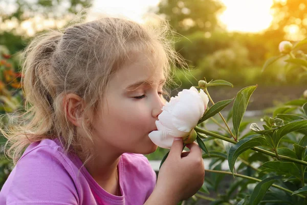 Söt Liten Flicka Sniffande Blommande Pion Utomhus — Stockfoto