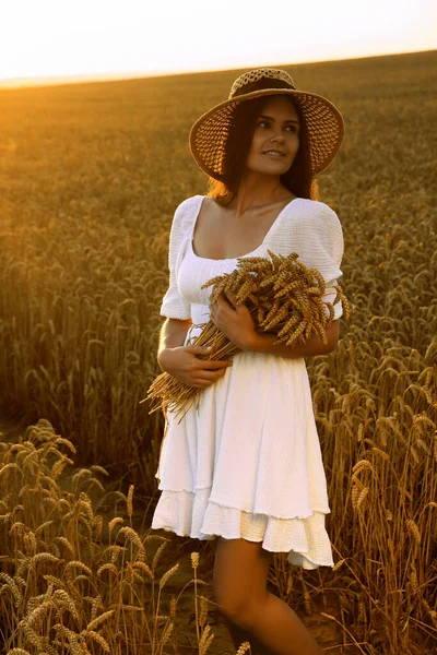 Beautiful Young Woman Bunch Wheat Ears Field Sunny Day — Stock Fotó