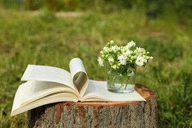 Open book and glass with flowers on tree stump outdoors