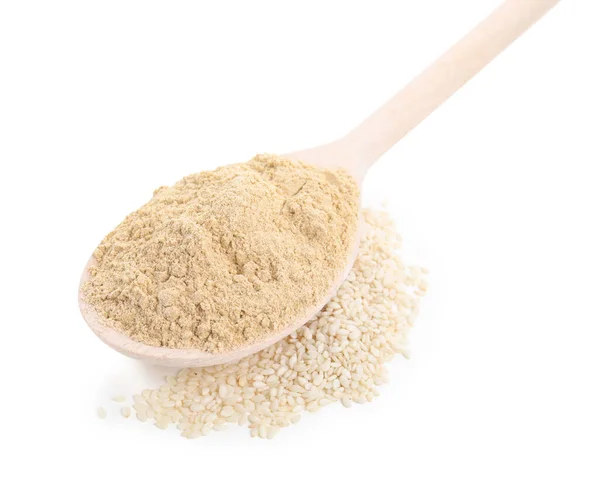 Wooden Spoon Sesame Flour Isolated White — Stock Photo, Image