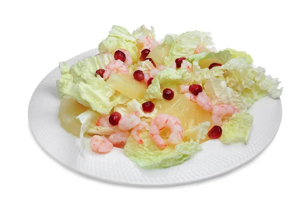 Delicious Salad Chinese Cabbage Shrimps Pineapple Isolated White — 图库照片