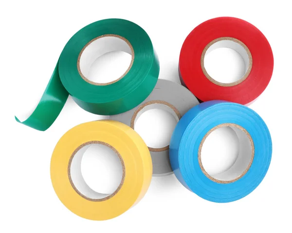 Colorful Insulating Tapes White Background Top View — Foto Stock