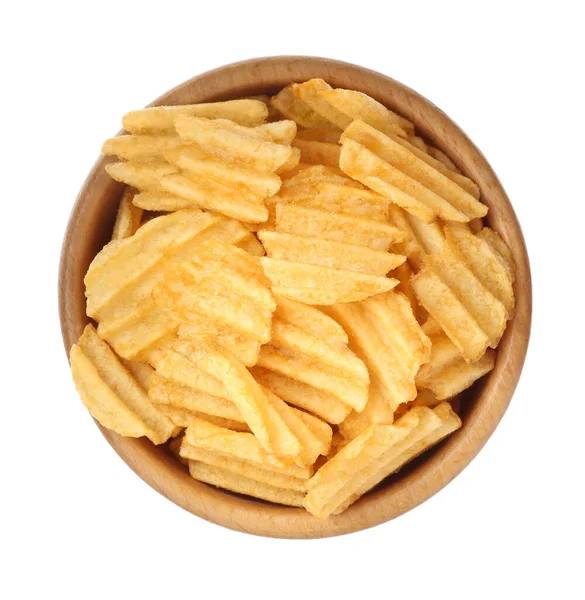 Bowl Delicious Ridged Potato Chips Isolated White Top View — Stock Photo, Image