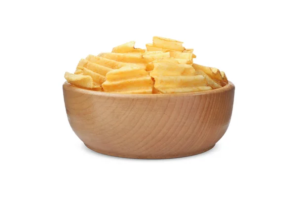 Skål Med Läckra Riggade Chips Isolerad Vit — Stockfoto