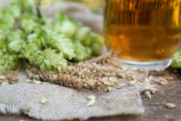 Пиво Свіжі Хміль Вуха Пшениці Дерев Яному Столі Крупним Планом — стокове фото