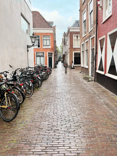 Πολλά Σταθμευμένα Ποδήλατα Κοντά Στο Κτίριο Στο Δρόμο Της Πόλης — Φωτογραφία Αρχείου