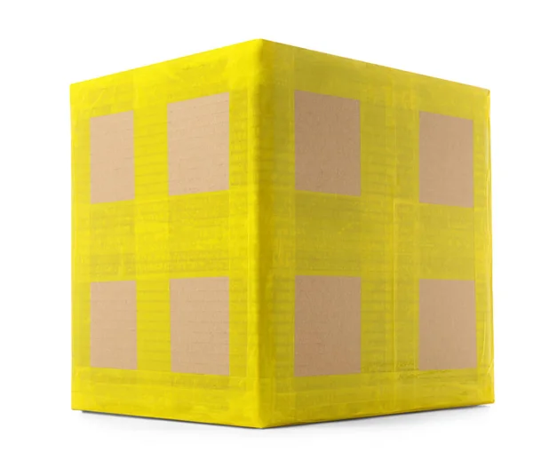 Caixa Pacote Papelão Com Fita Adesiva Amarela Fundo Branco — Fotografia de Stock