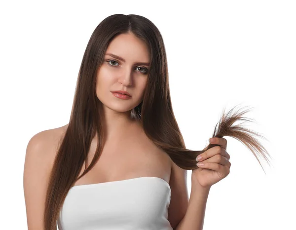 Mujer Joven Con Cabello Fuerte Saludable Sobre Fondo Blanco —  Fotos de Stock