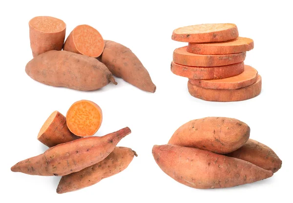 Set Whole Cut Ripe Sweet Potatoes White Background — Stock Photo, Image