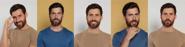 Коллаж Фотографиями Красивого Бородатого Мужчины Цветном Фоне Баннерный Дизайн — стоковое фото