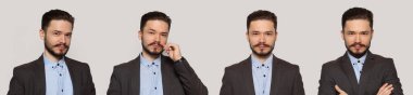 Açık gri arka planda takım elbiseli yakışıklı bir adamın fotoğraflarıyla kolaj. Pankart tasarımı