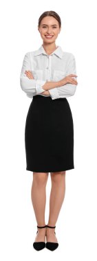 Full length portrait of hostess in uniform on white background