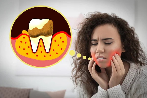 African American Woman Suffering Tooth Ache Indoors Space Text — Stock Photo, Image