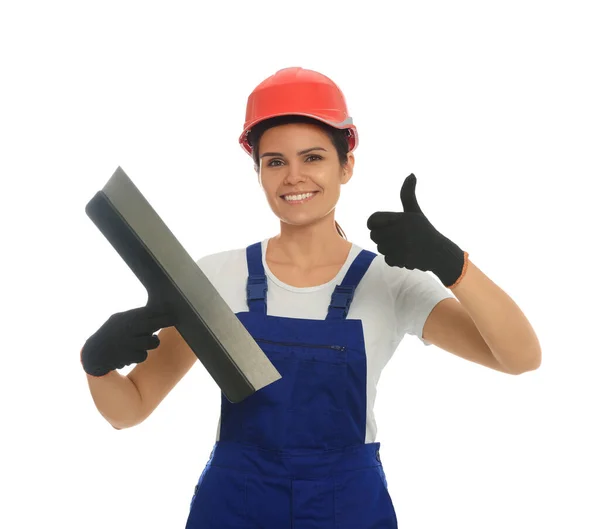 Professionelle Arbeiter Mit Spachtelmesser Hartem Hut Auf Weißem Hintergrund — Stockfoto