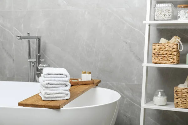 Stacked Bath Towels Personal Care Products Tub Tray Bathroom — Fotografia de Stock