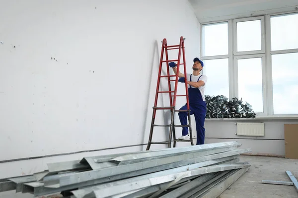 Construction Worker Climbing Stepladder Room Prepared Renovation — 스톡 사진