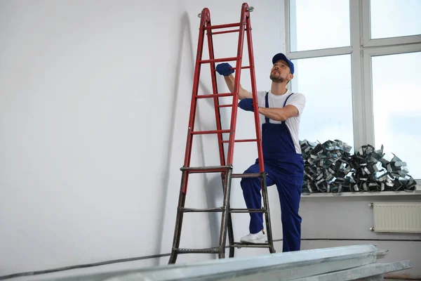 Construction Worker Climbing Stepladder Room Prepared Renovation — 스톡 사진