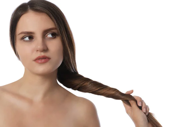 Jonge Vrouw Met Sterk Gezond Haar Witte Achtergrond — Stockfoto