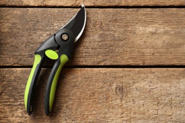 Secateur on wooden table, top view. Space for text