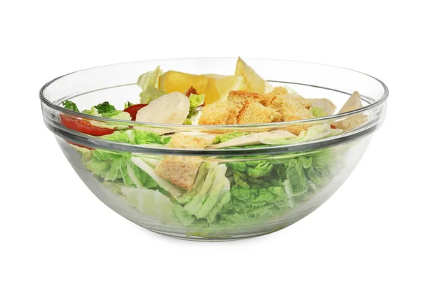 Tigela Deliciosa Salada Com Repolho Chinês Croutons Carne Pão Isolados — Fotografia de Stock