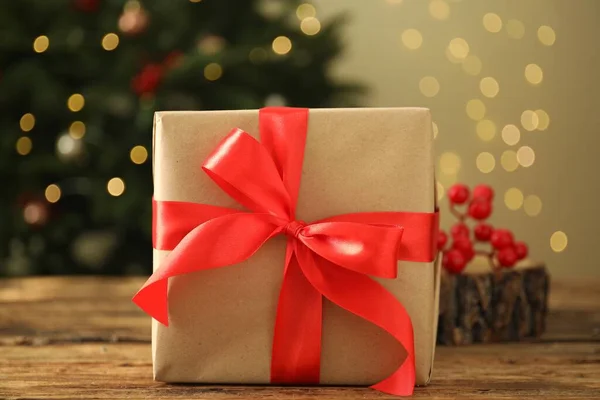 Beautiful Gift Box Wooden Table Closeup Christmas Celebration — Stockfoto