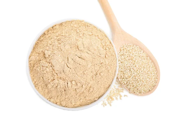 Sesame Flour Bowl Spoon Seeds Isolated White Top View — Stock Photo, Image