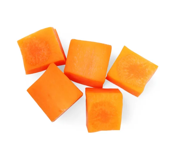 Fresh Ripe Diced Carrot White Background Top View — Stockfoto